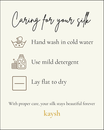 Image showing steps on how to to care for silk products with images and text for brand Kaysh. Kaysh sells pure silk scrunchies. 